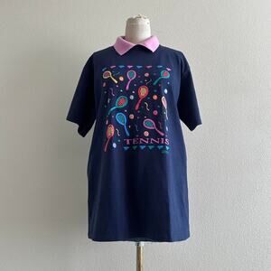 Vintage navy blue pink Tennis graphic collared t-shirt